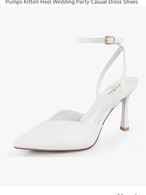 White Ankle-Strap Pointed-Toe Kitten Heel Pumps